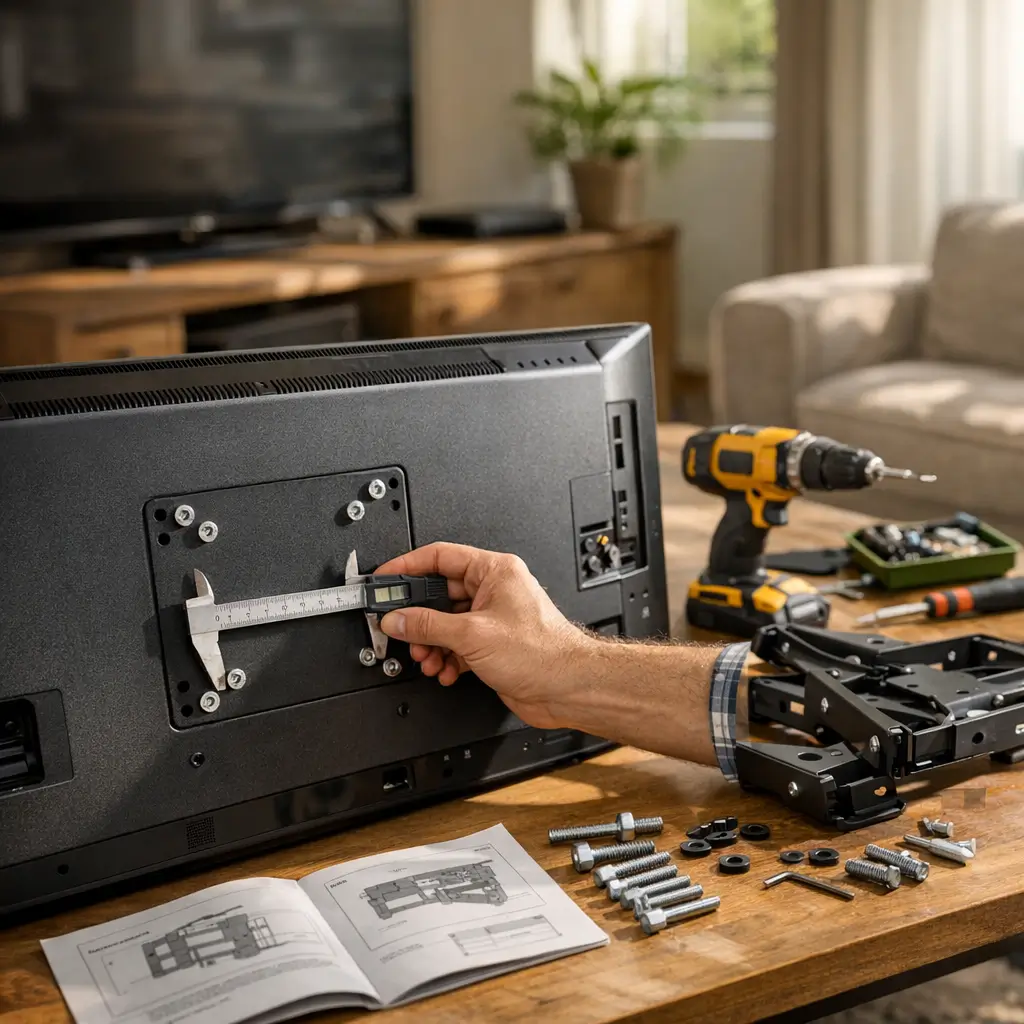 Padrão VESA da TV: como saber antes de comprar, paquímetro medindo furação atrás da TV com parafusos e suporte na mesa