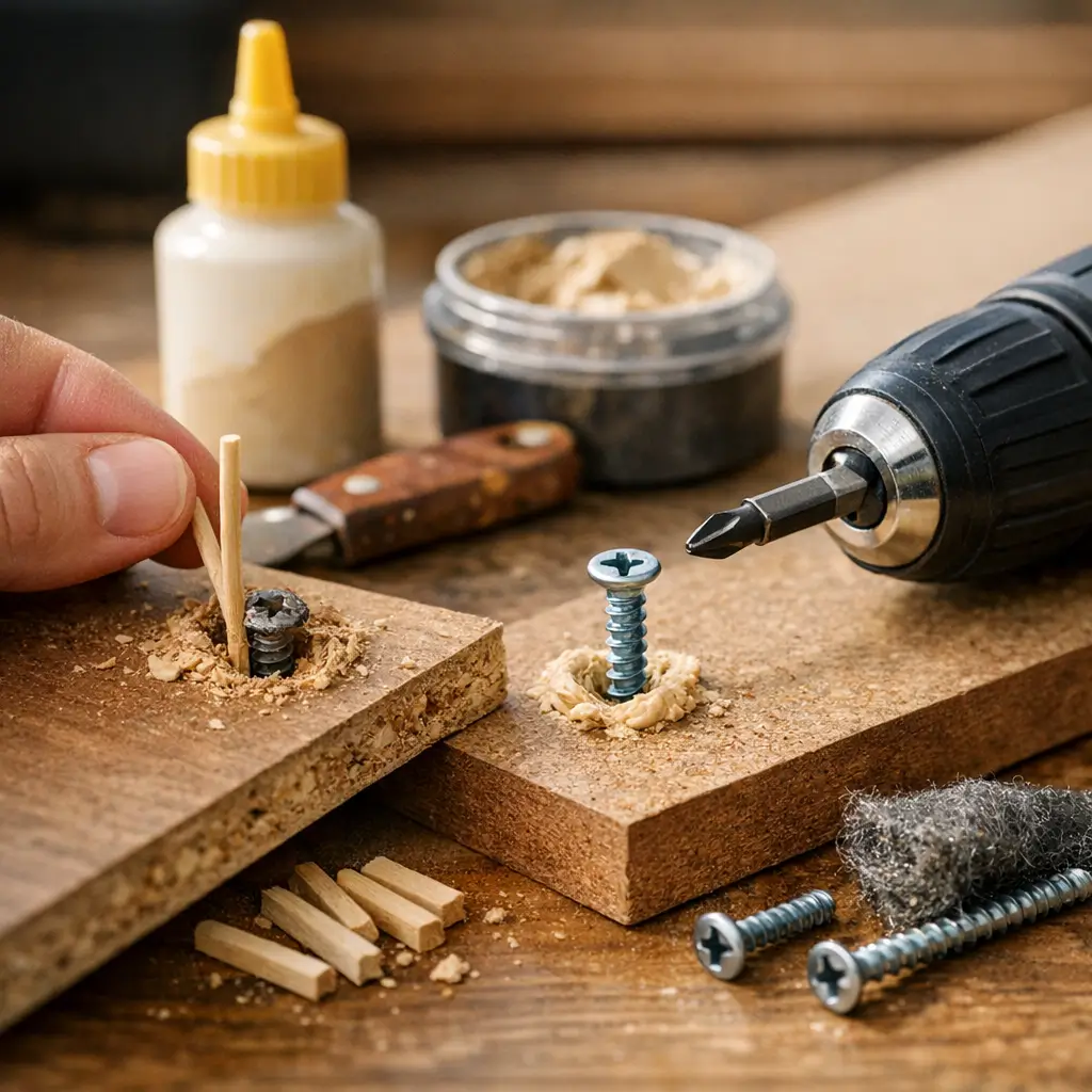 Parafuso espanado no MDF: como consertar com palitos, cola e parafusadeira