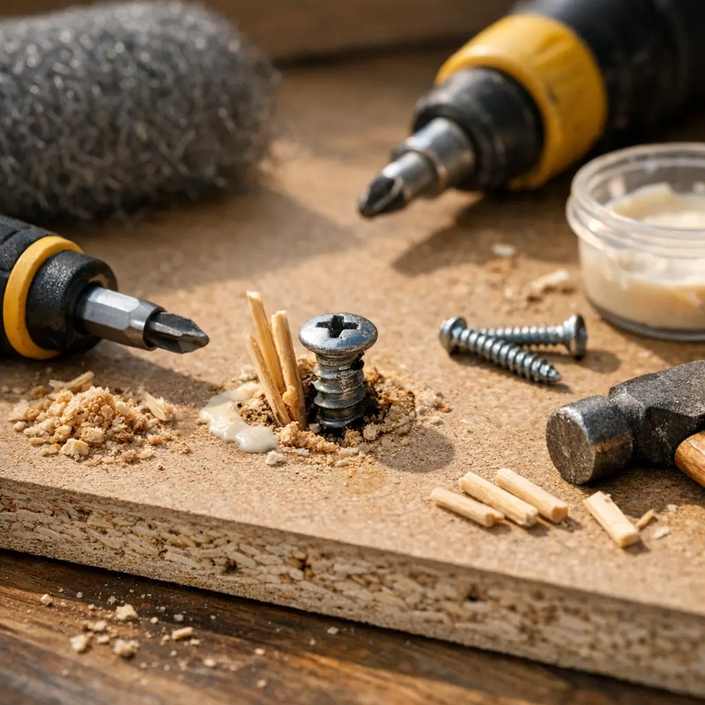 Parafuso espanado no MDF: como consertar com palitos e cola no furo