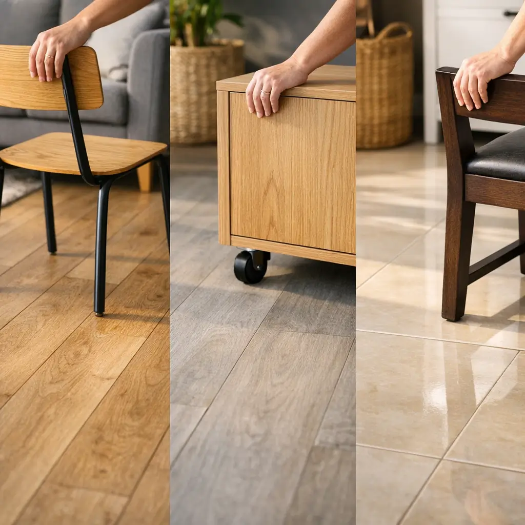 Piso laminado, vinílico ou porcelanato: qual risca menos, cadeira e móvel com rodízio no piso