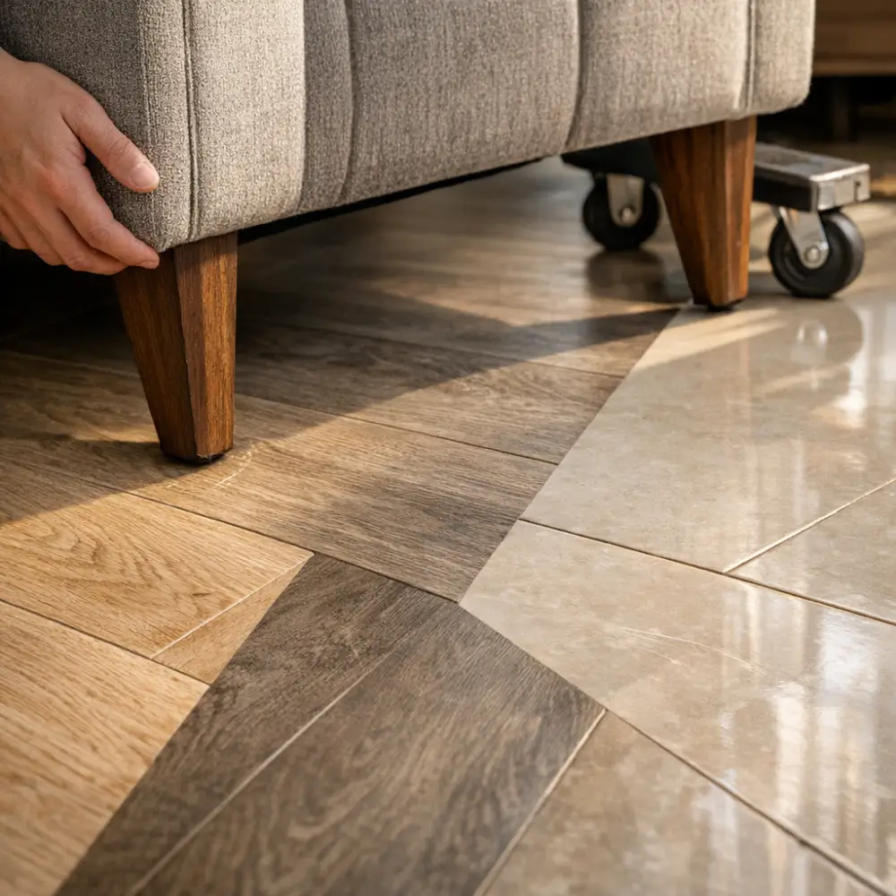 Piso laminado, vinílico ou porcelanato: qual risca menos, pé de sofá no piso