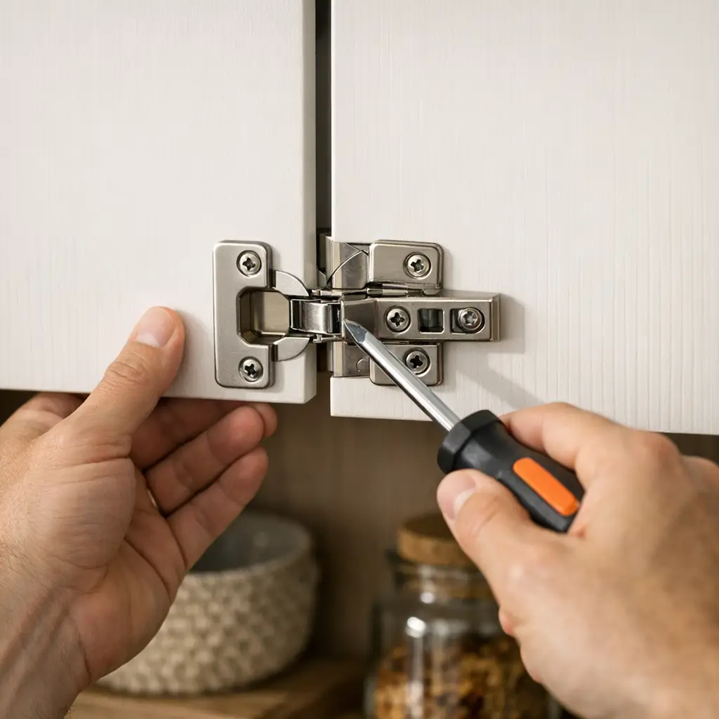 Porta de armário desalinhada: ajuste a dobradiça com chave na dobradiça caneco da porta branca
