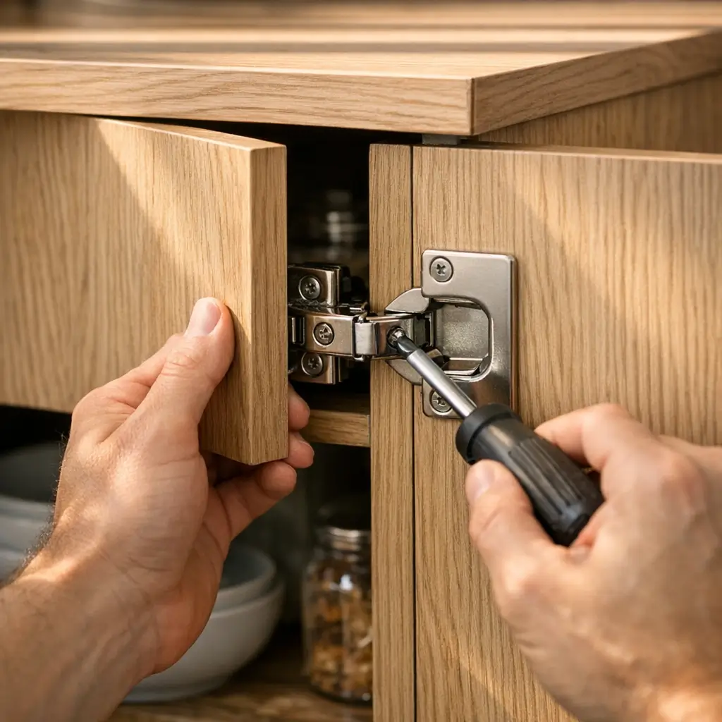 Porta de armário desalinhada: ajuste a dobradiça com chave na porta de madeira
