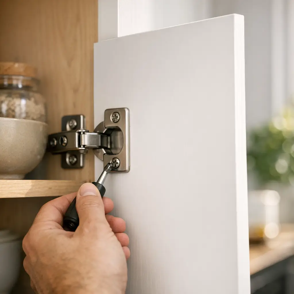 Porta de armário desalinhada: ajuste a dobradiça com chave no parafuso da dobradiça caneco