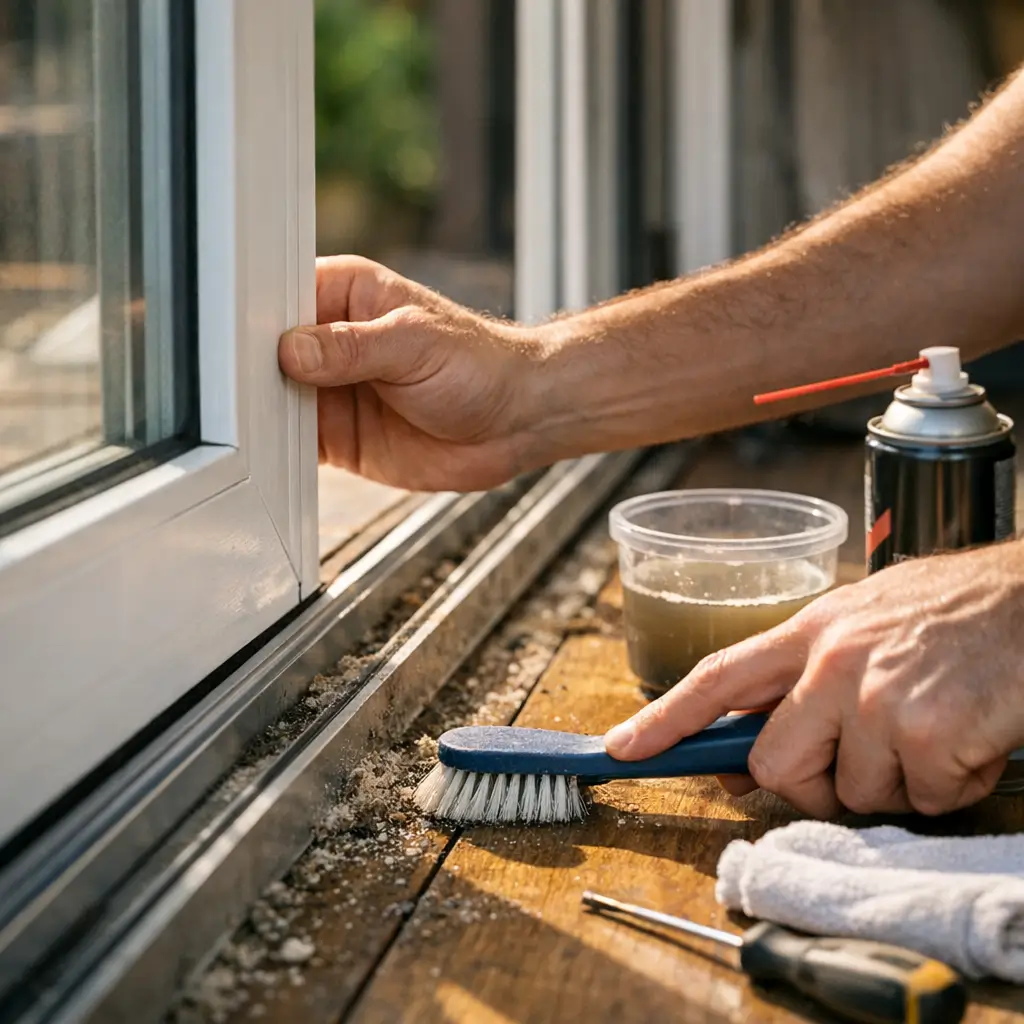 Porta de correr travando: como destravar o trilho com escova e lubrificante no trilho
