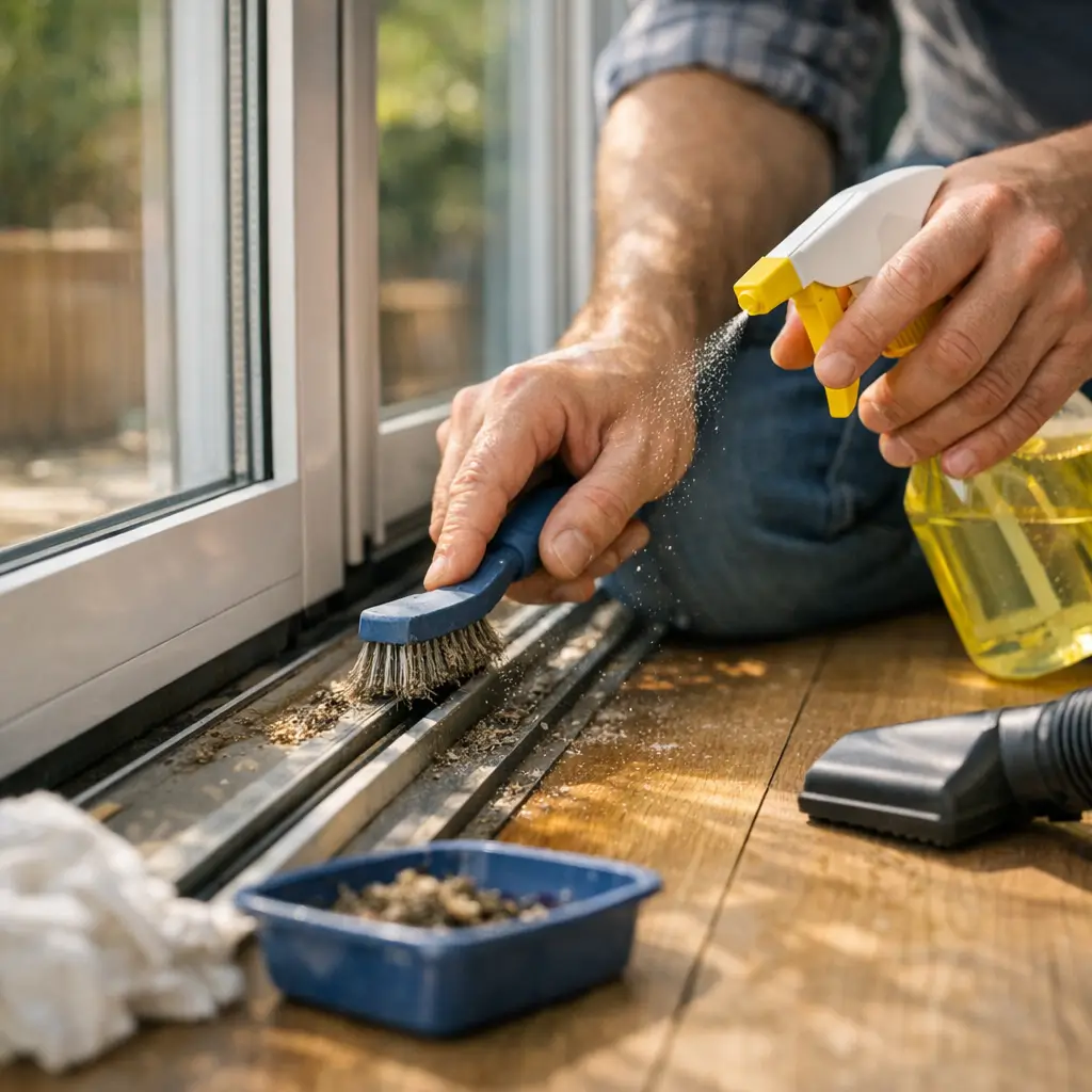 Porta de correr travando: como destravar o trilho com escova e spray limpando o trilho