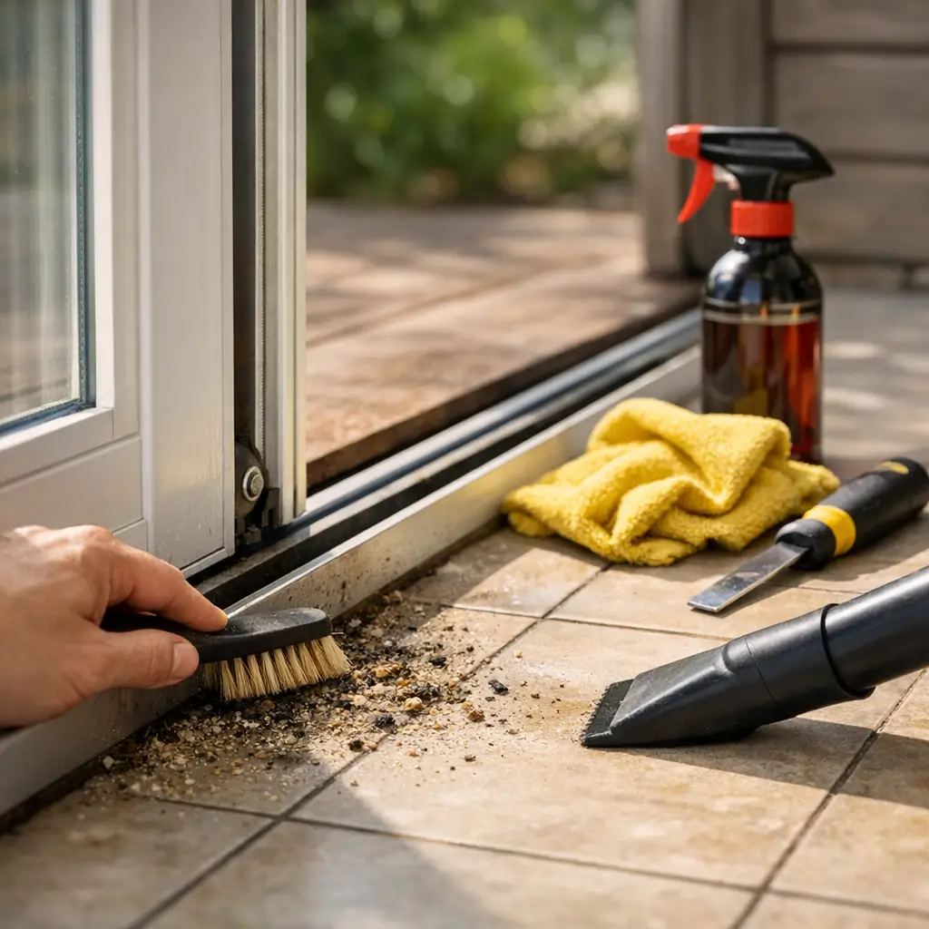 Porta de correr travando: como destravar o trilho, escova e aspirador limpando sujeira no trilho