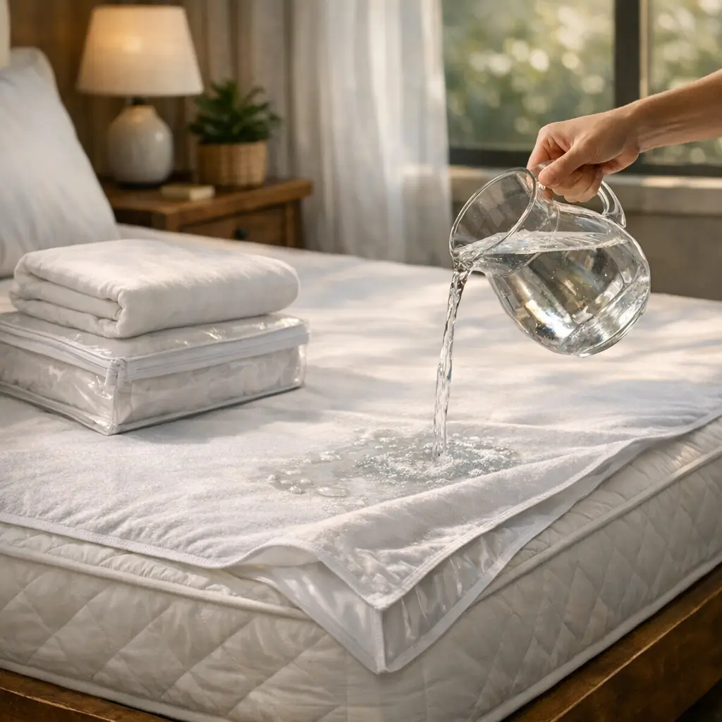Protetor de colchão impermeável: vale a pena? água sendo derramada sobre a capa no colchão