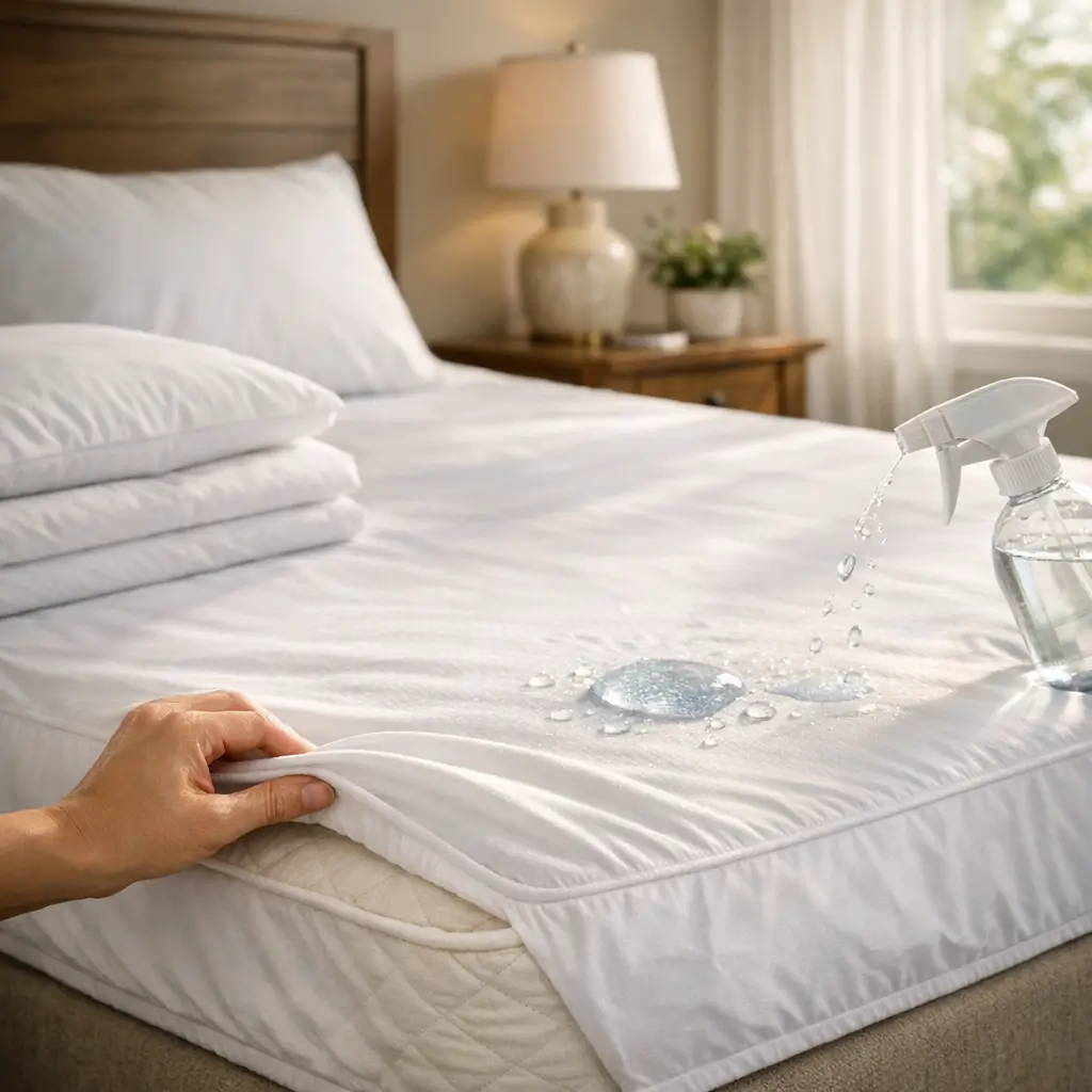 Protetor de colchão impermeável: vale a pena? cama com capa levantada, água derramada e borrifador