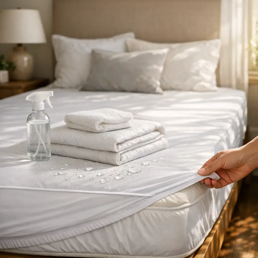 Protetor de colchão impermeável: vale a pena? capa com gotas d’água na cama, mão puxando, toalhas e borrifador