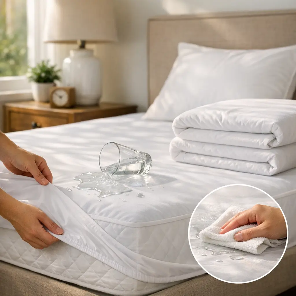 Protetor de colchão impermeável: vale a pena? copo com água derramada na cama, mãos puxando a capa e pano secando
