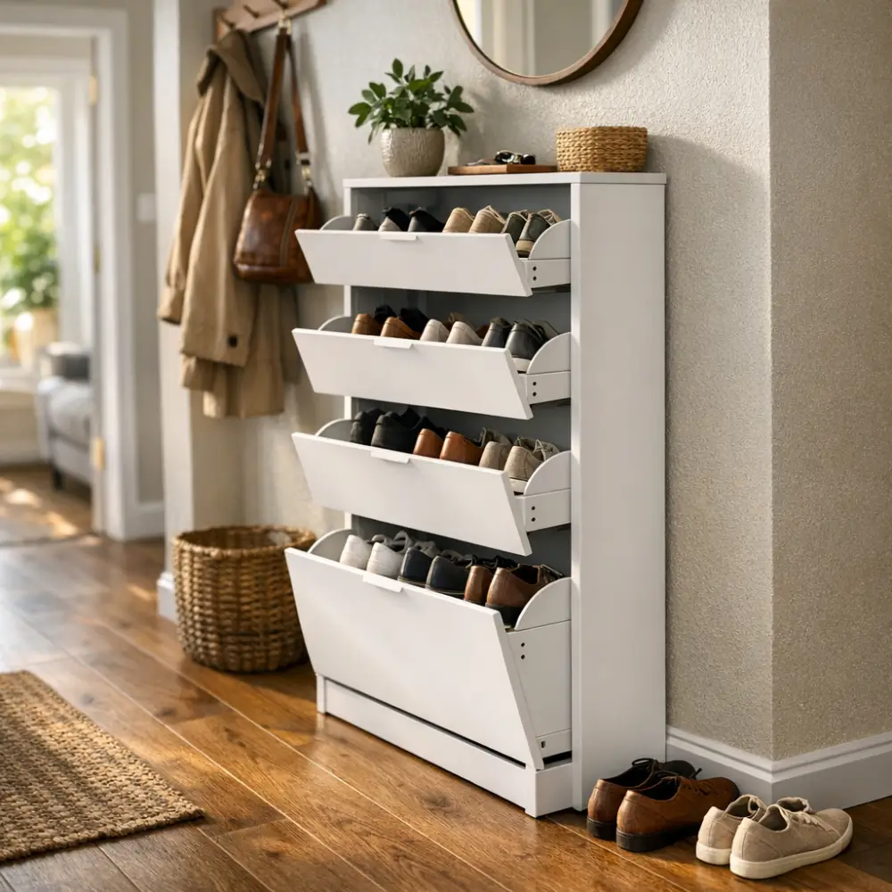 Sapateira estreita: como escolher sem errar, sapateira branca basculante com sapatos no corredor
