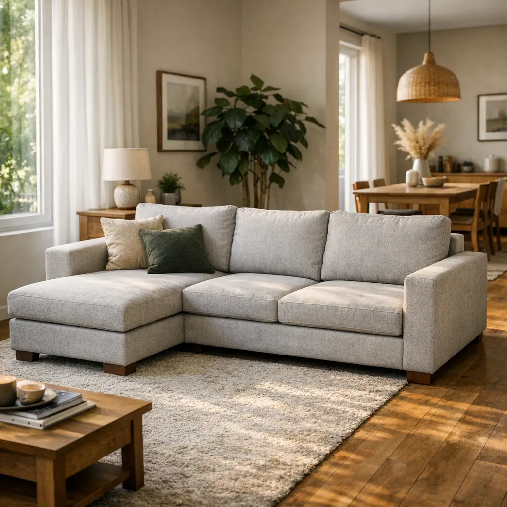 Sofá com chaise: como escolher o lado certo em sala com sofá cinza, tapete e mesa de centro