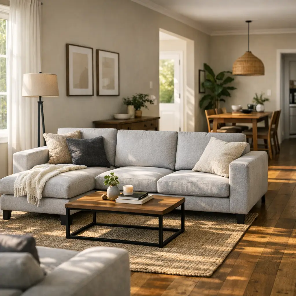 Sofá com chaise: como escolher o lado certo, sala com sofá cinza, mesa de centro e tapete