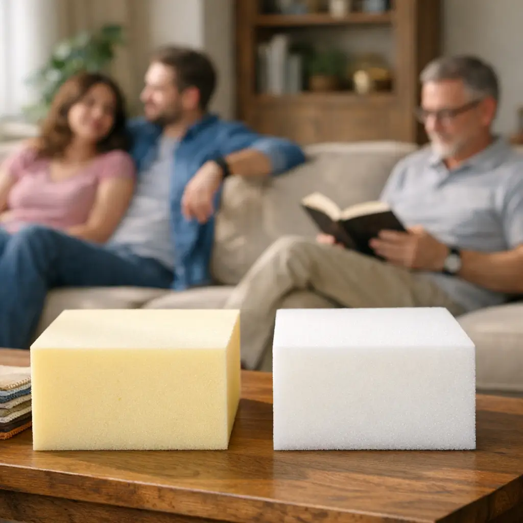 Sofá com espuma D28 ou D33: qual escolher, espumas amarela e branca na mesa, pessoas no sofá ao fundo