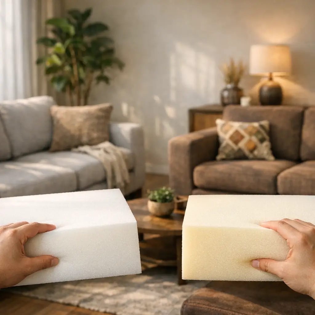 Sofá com espuma D28 ou D33: qual escolher, mãos segurando espumas branca e amarela na sala