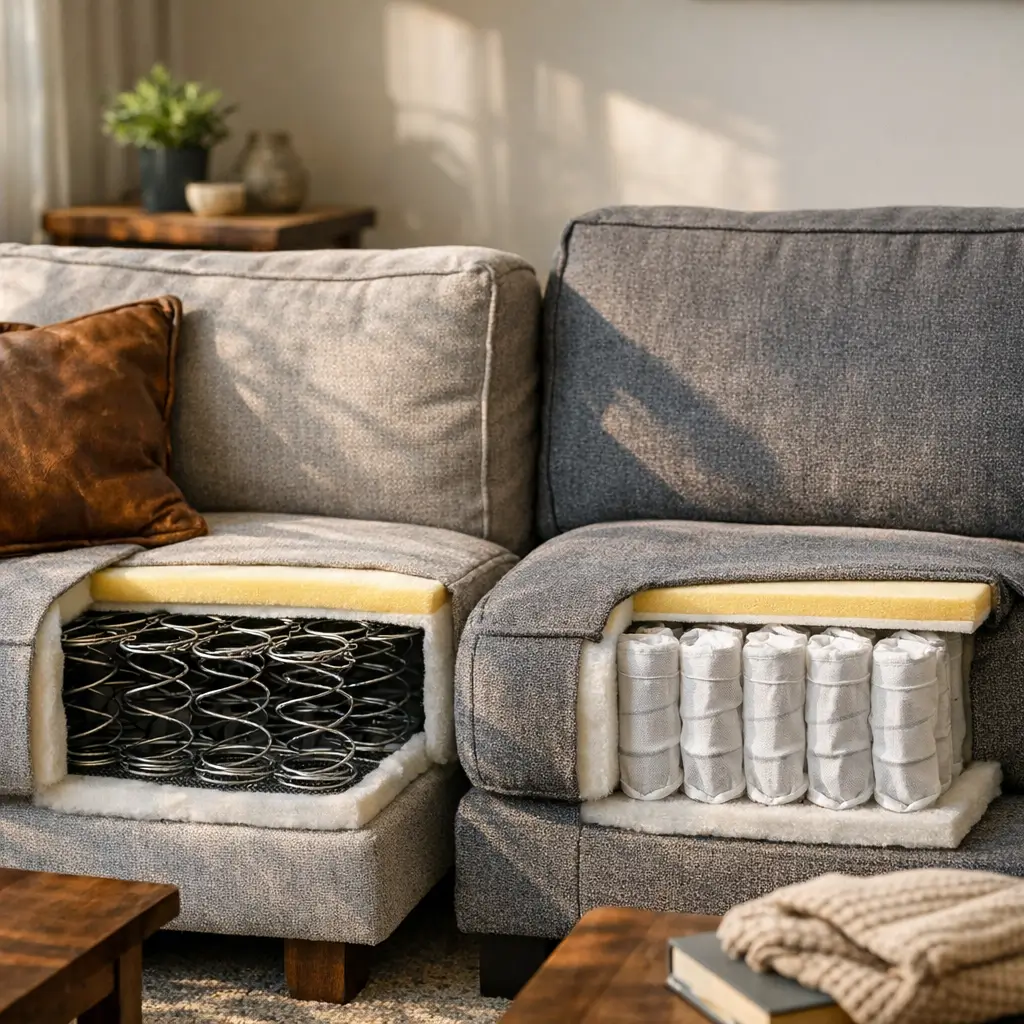 Sofá com mola bonnel ou ensacada: qual dura mais? assentos cortados, bonnel à esquerda e ensacada à direita