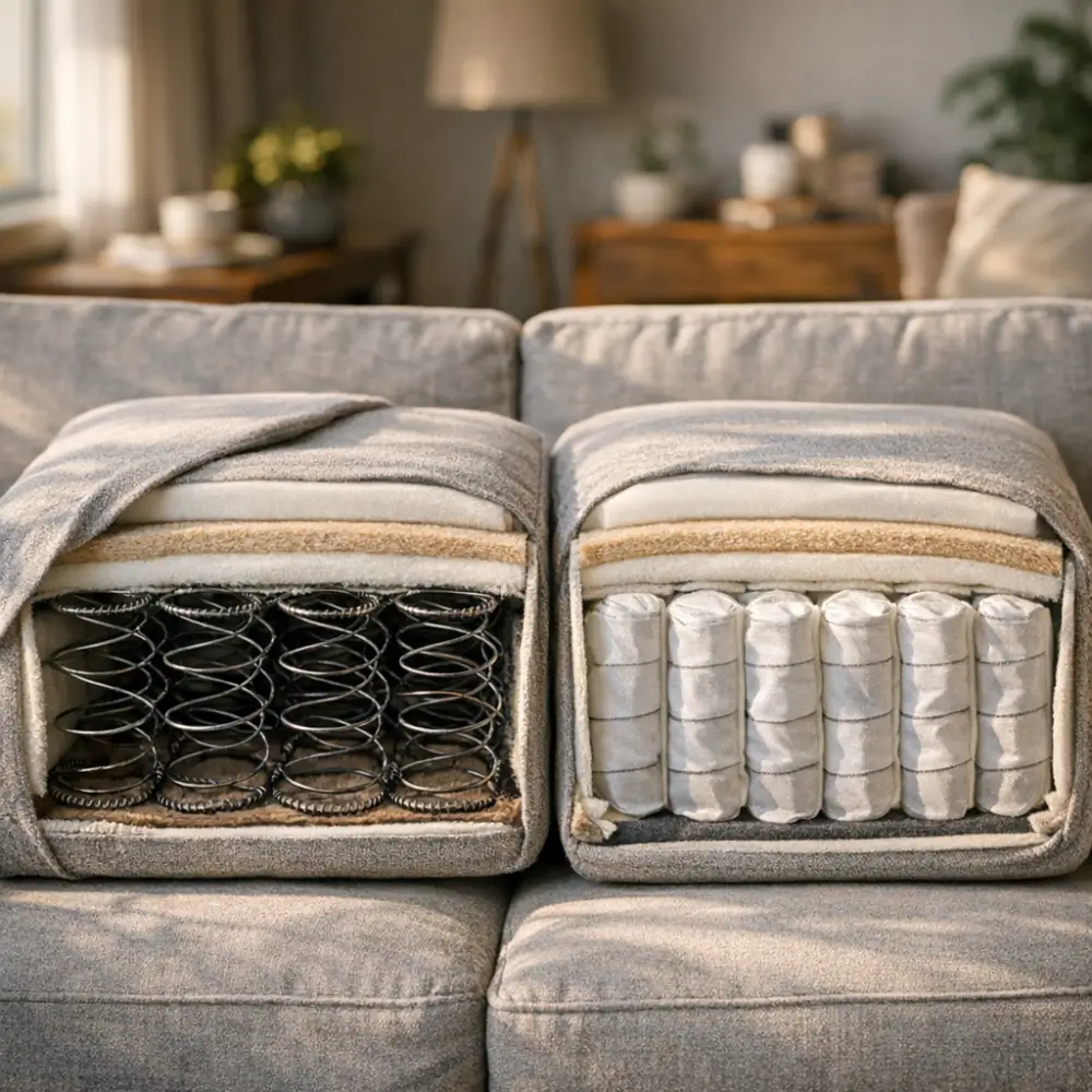 Sofá com mola bonnel ou ensacada: qual dura mais? corte do assento com molas expostas