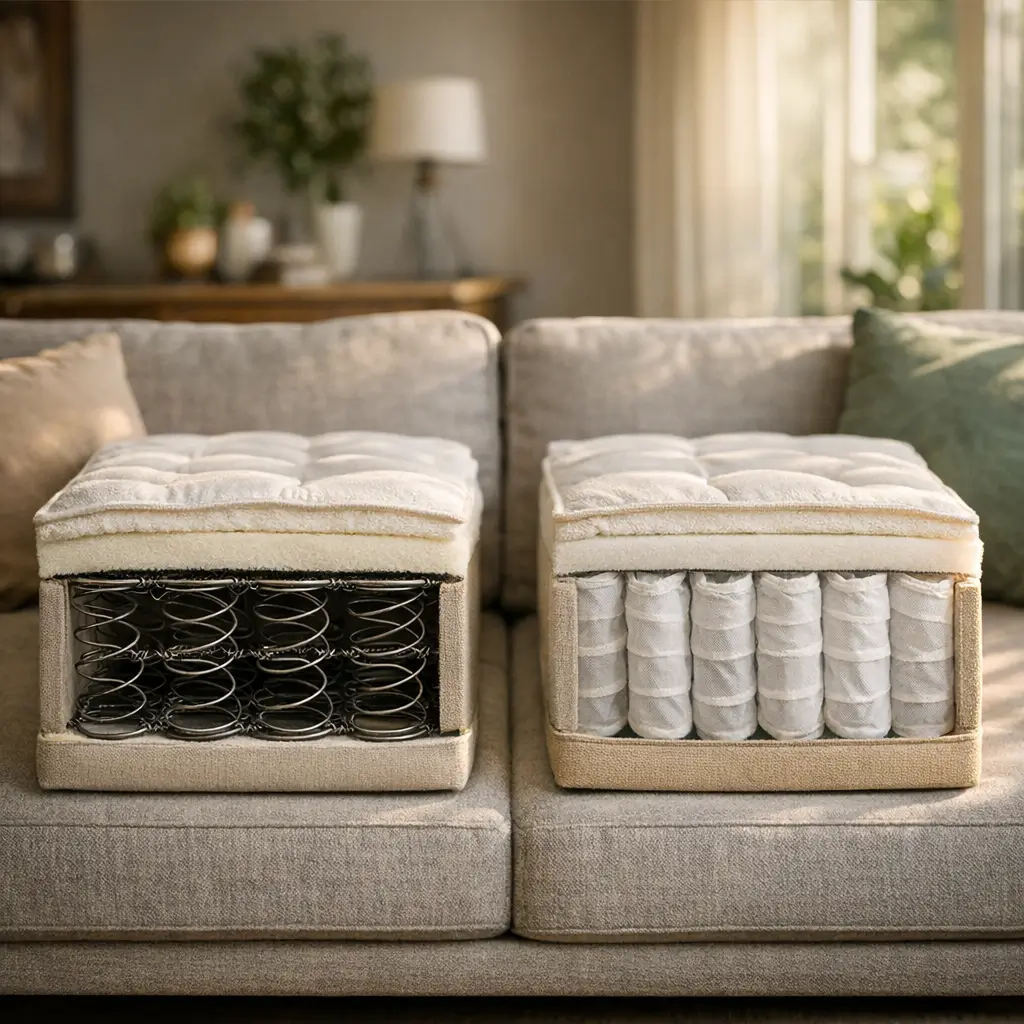 Sofá com mola bonnel ou ensacada: qual dura mais? dois cortes do assento, bonnel à esquerda e ensacada à direita