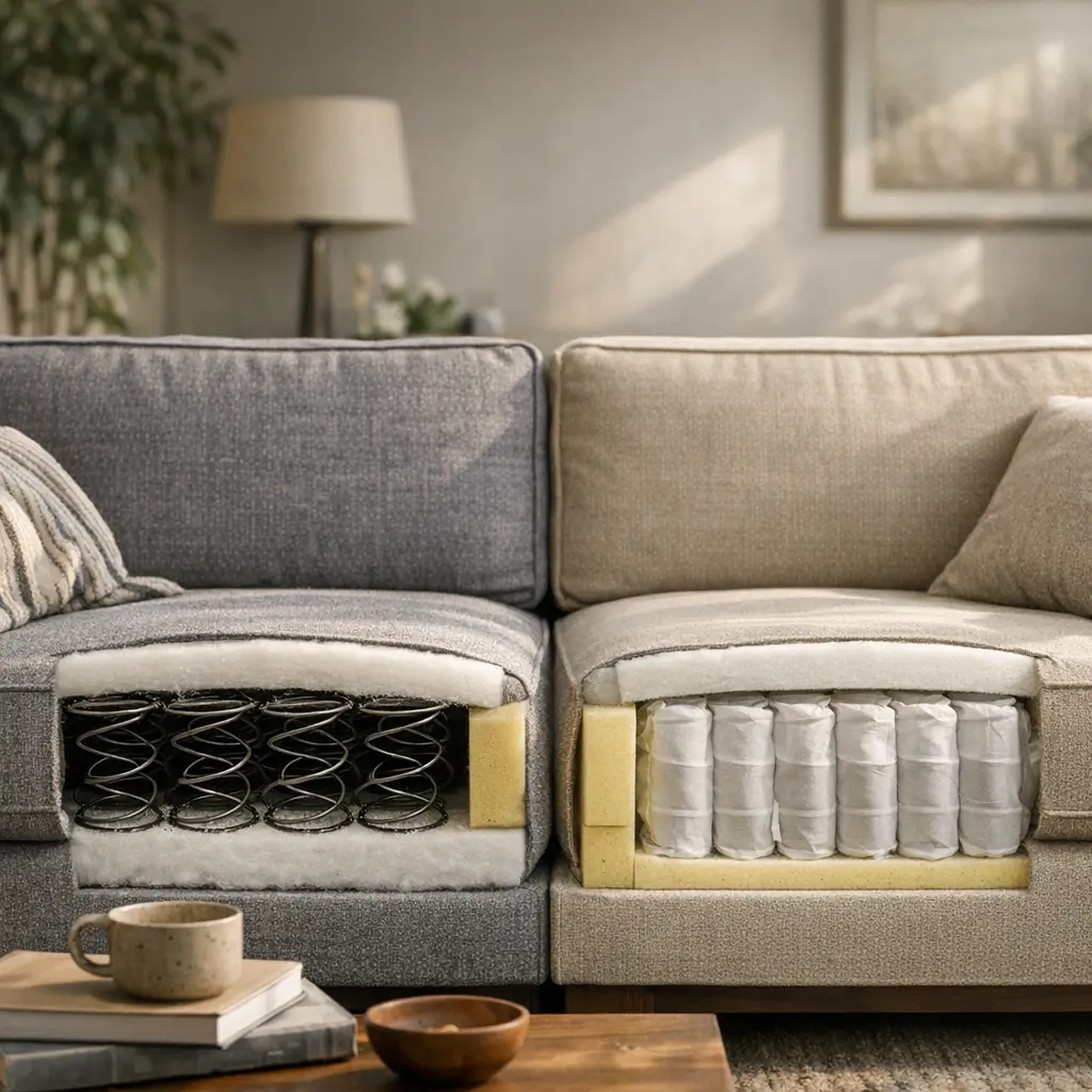 Sofá com mola bonnel ou ensacada: qual dura mais? sofá cortado, bonnel à esquerda e ensacada à direita, mesa com xícara