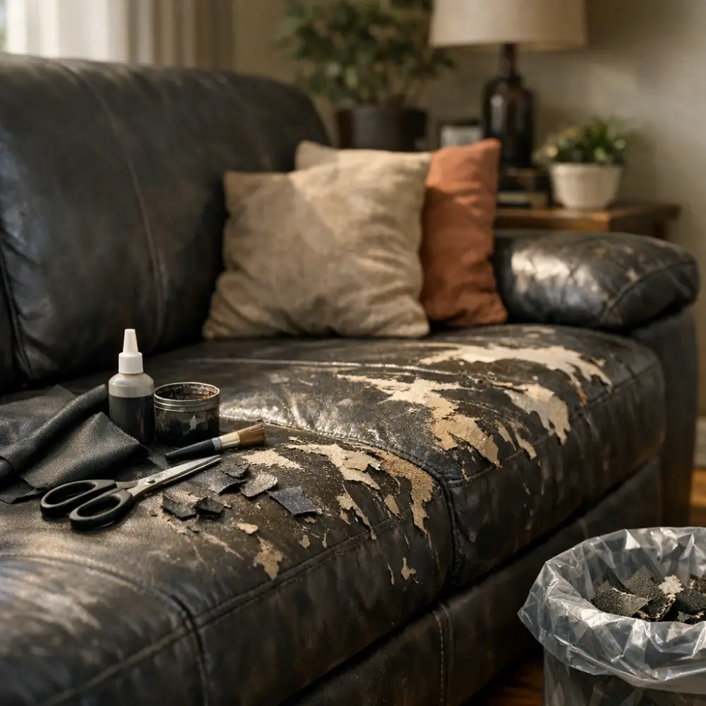 Sofá de couro sintético descascando: tem conserto? assento preto descascado, cola e tesoura