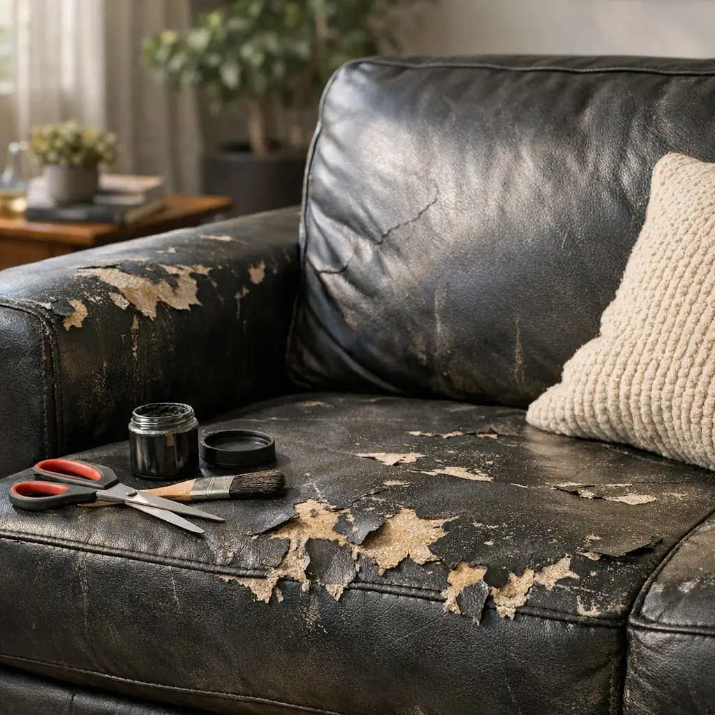 Sofá de couro sintético descascando: tem conserto? assento preto descascando, tesoura e pincel