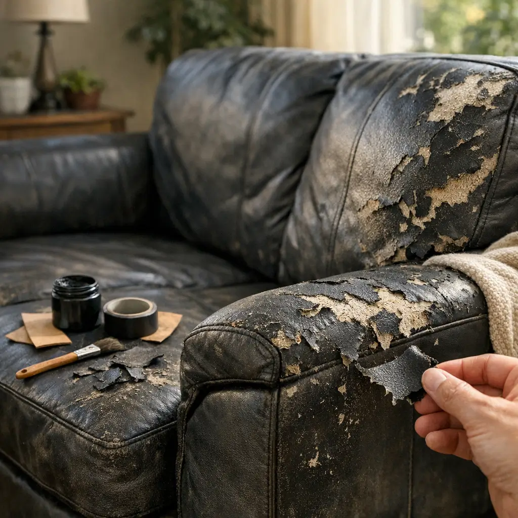 Sofá de couro sintético descascando: tem conserto? braço e encosto descascando, mão segurando pedaço solto