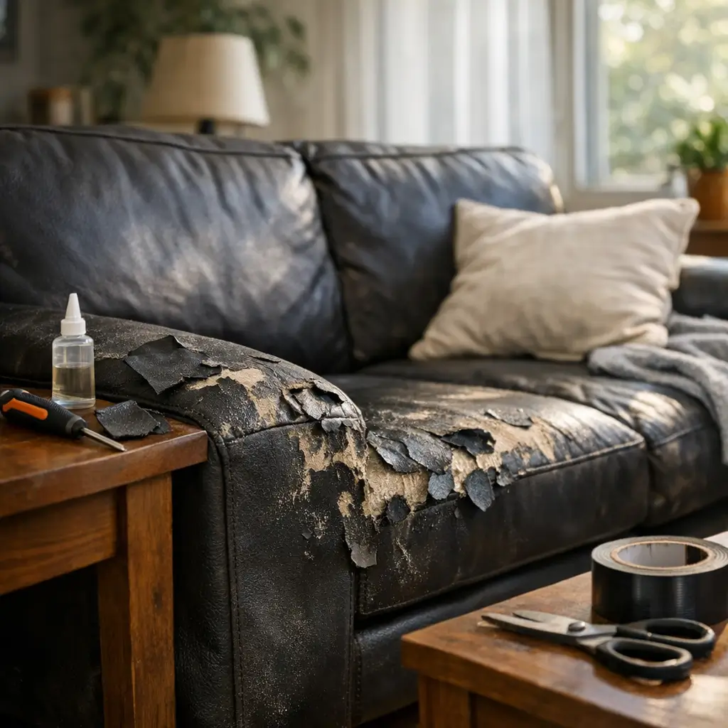 Sofá de couro sintético descascando: tem conserto? sofá preto descascando, cola, fita e tesoura na mesa