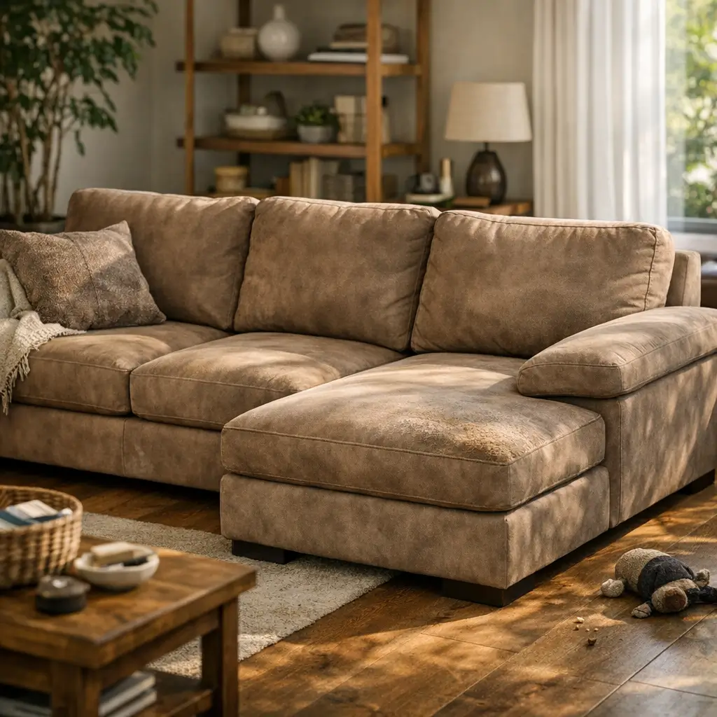 Sofá de suede é bom: vale a pena comprar? sofá em L marrom na sala