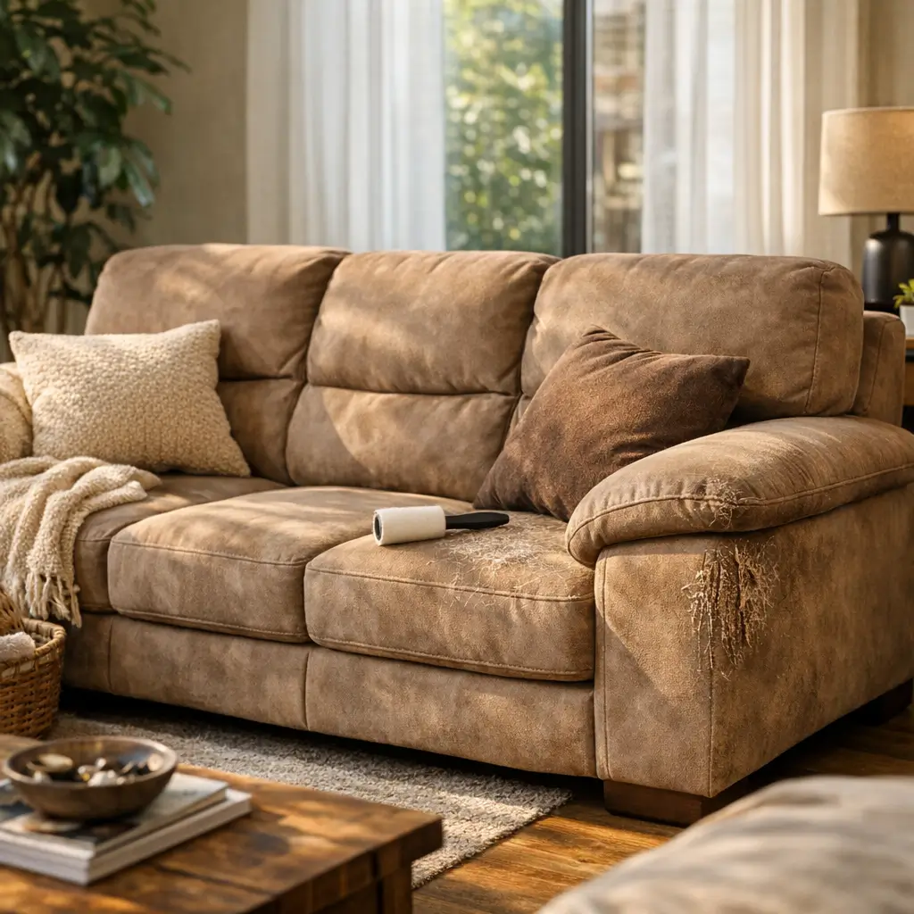 Sofá de suede é bom: vale a pena comprar? sofá marrom desgastado com rolo tira-pelo