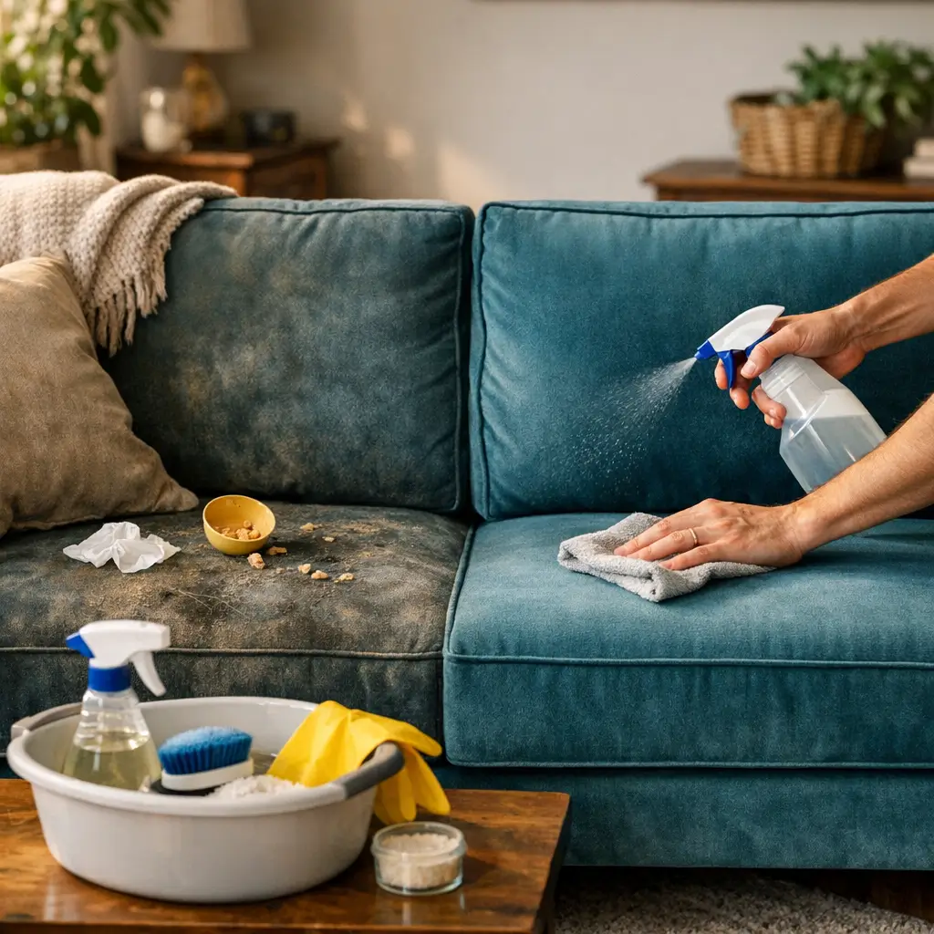 Sofá de veludo: vale a pena? Como limpar, sofá azul manchado sendo borrifado e limpo com pano