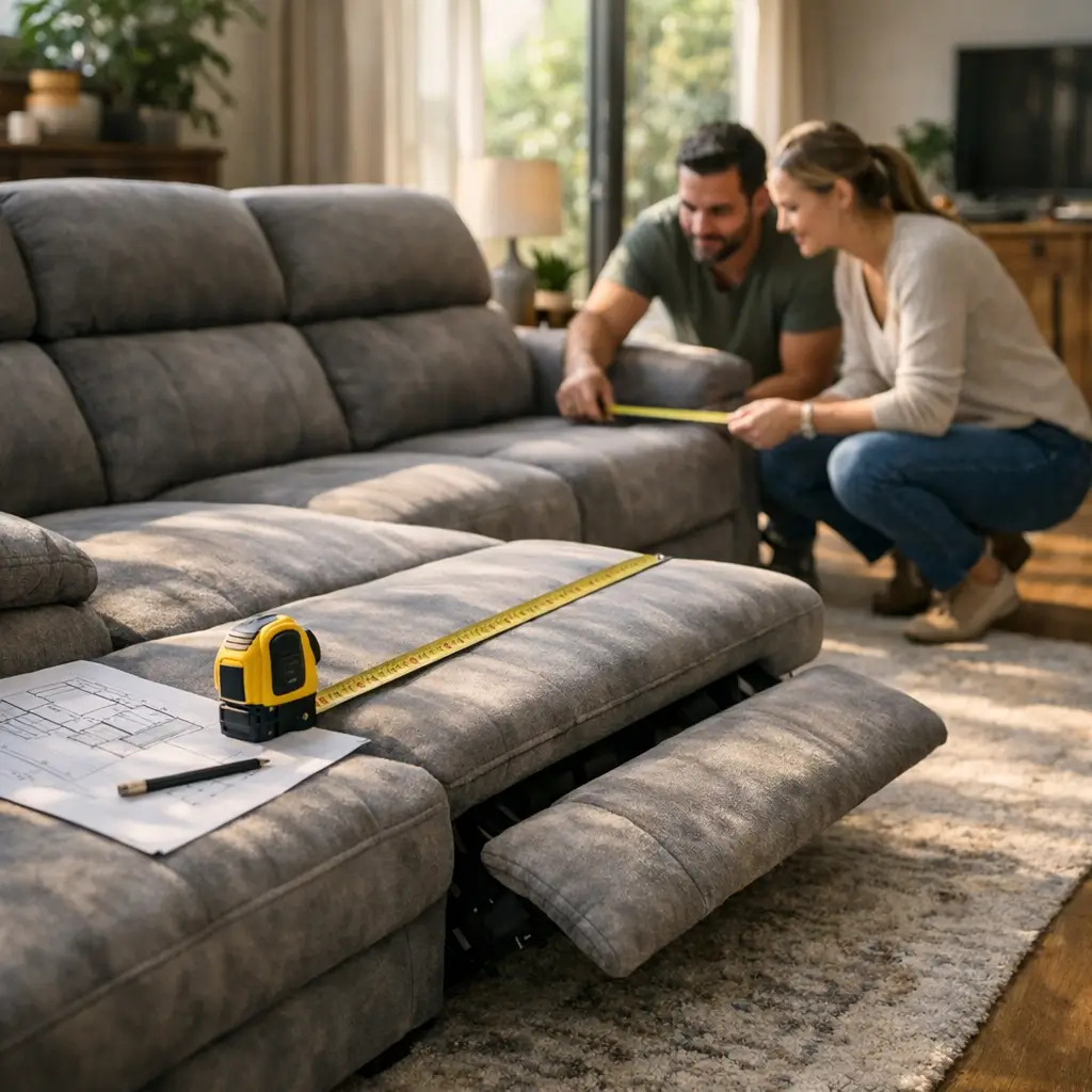 Sofá retrátil e reclinável: como escolher o ideal, casal medindo com trena