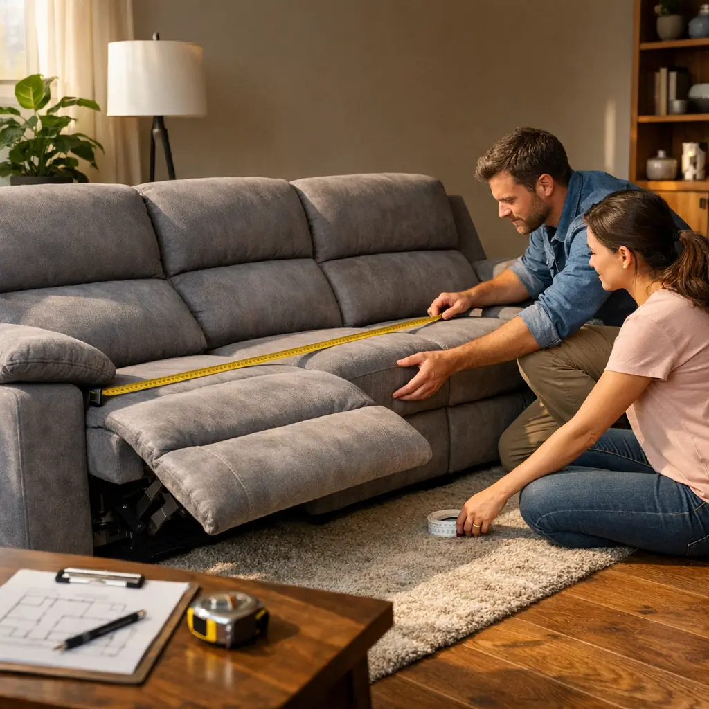 Sofá retrátil e reclinável: como escolher o ideal, casal medindo sofá com trena