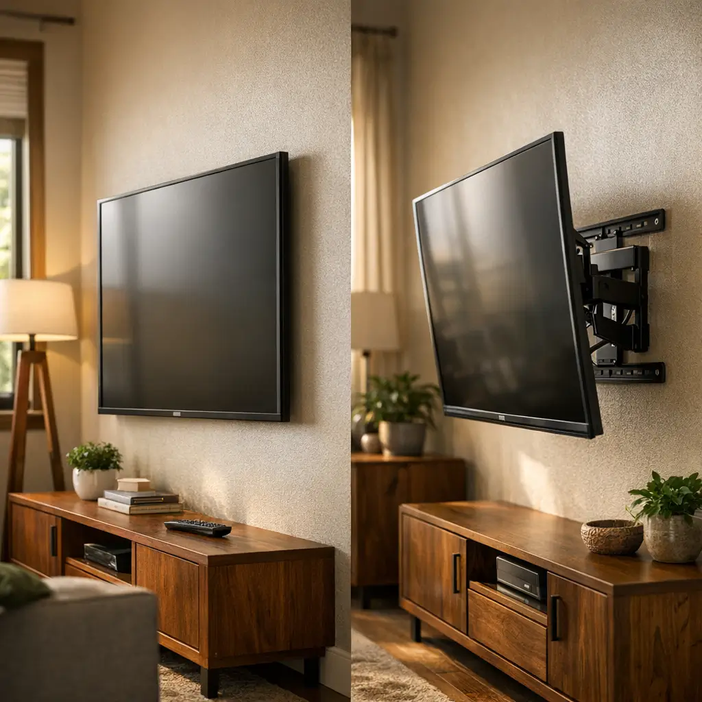 Suporte fixo ou articulado pra TV: qual escolher, TV fixa rente e TV em suporte articulado inclinado