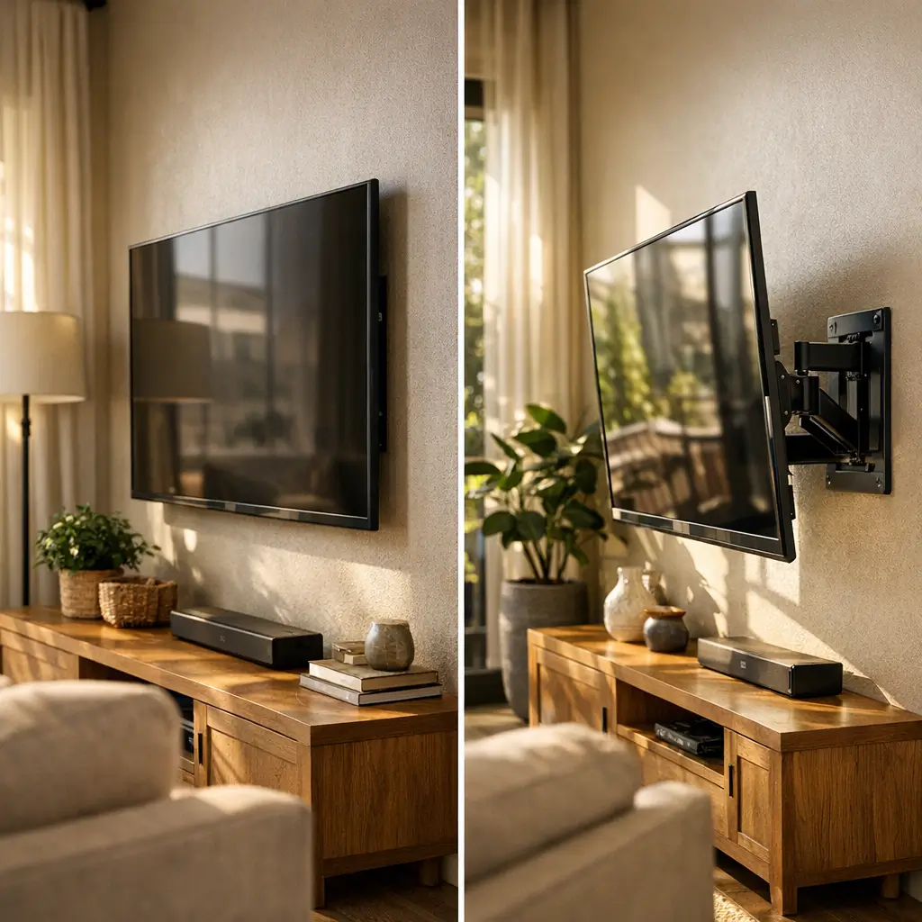 Suporte fixo ou articulado pra TV: qual escolher, TV rente à parede e TV no braço articulado lateralmente