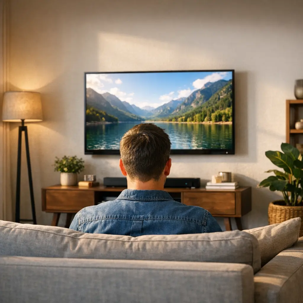 Altura ideal para instalar a TV na parede: medida certa, homem no sofá e TV na parede