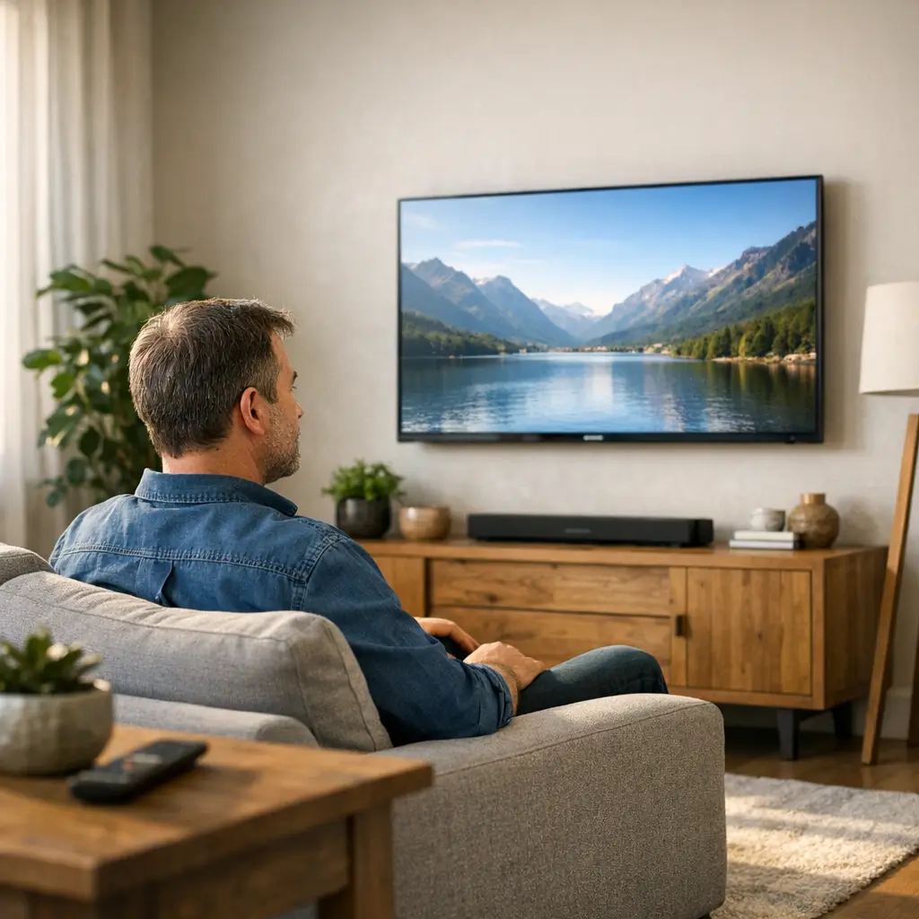 Altura ideal para instalar a TV na parede: medida certa, homem no sofá e TV na parede