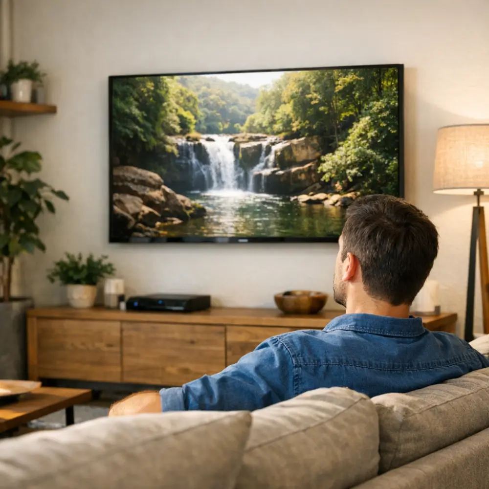 Altura ideal para instalar a TV na parede: medida certa, homem no sofá vendo TV na parede