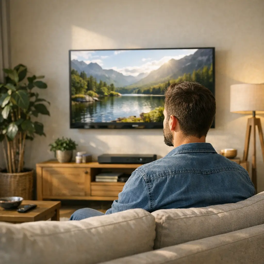 Altura ideal para instalar a TV na parede: medida certa, homem no sofá vendo TV na parede