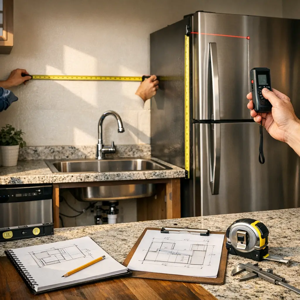 Armário de cozinha pronto: como medir e não errar, trena e medidor a laser na cozinha com geladeira e pia