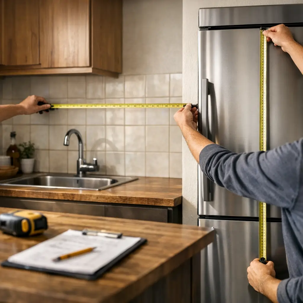 Armário de cozinha pronto: como medir e não errar, trena medindo parede e geladeira na cozinha