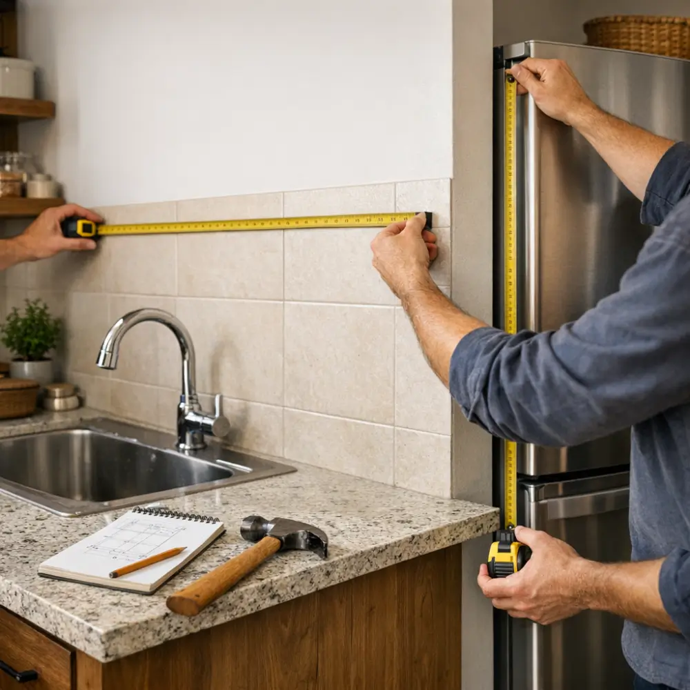 Armário de cozinha pronto: como medir e não errar, trena na parede, pia e geladeira