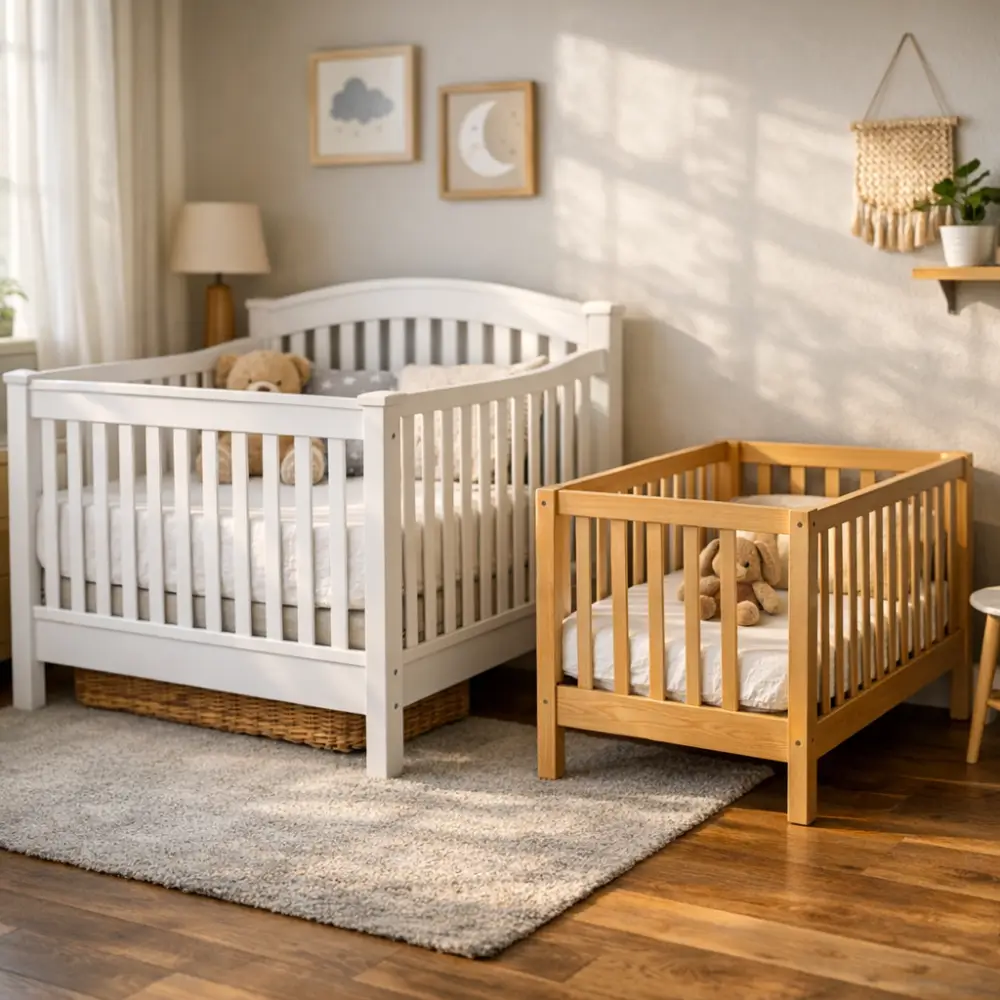 Berço americano ou nacional: qual cabe no quarto? dois berços, branco e madeira, no quarto do bebê