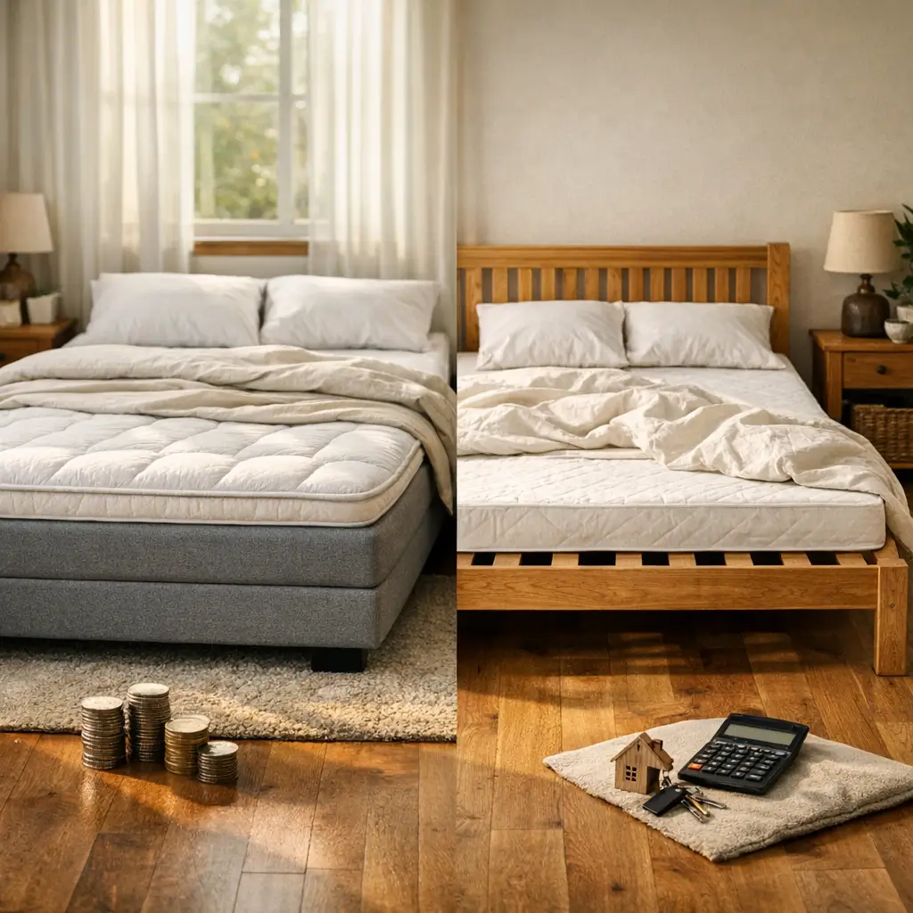 Cama box ou cama com estrado: qual escolher? cama box com moedas e cama com estrado com calculadora