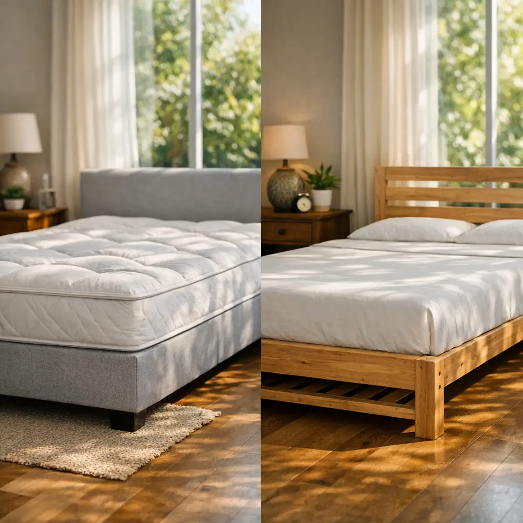 Cama box ou cama com estrado: qual escolher? cama box e cama com estrado de madeira lado a lado