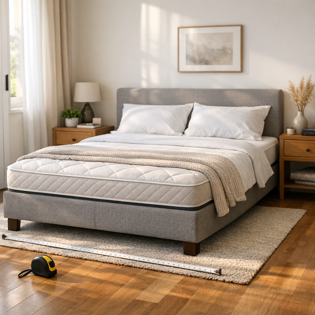 Cama de casal padrão: medidas e colchão ideal, cama com fita métrica no chão