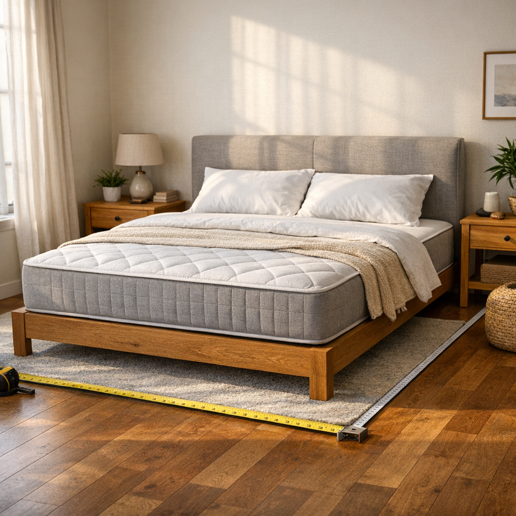 Cama de casal padrão: medidas e colchão ideal, cama com trena no chão