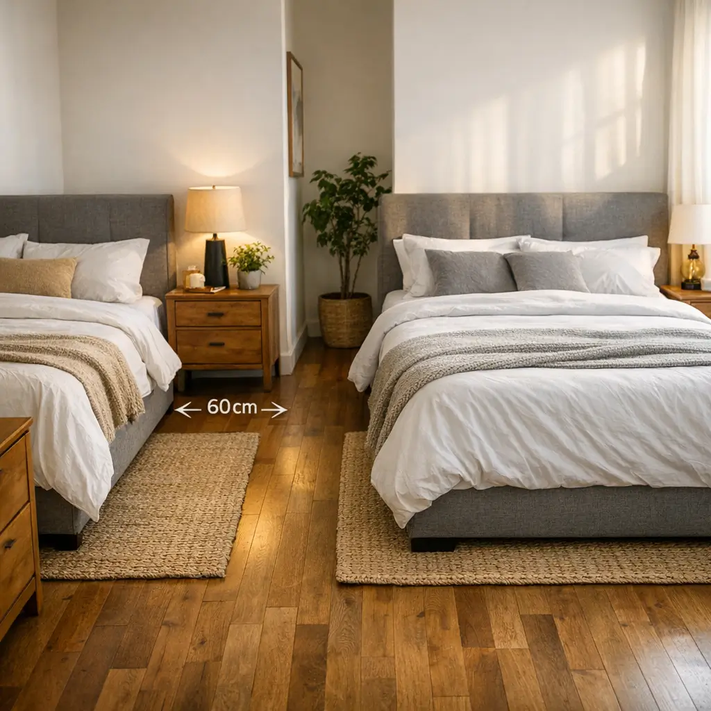 Cama queen ou king: qual cabe no quarto? duas camas e espaço 60 cm entre elas