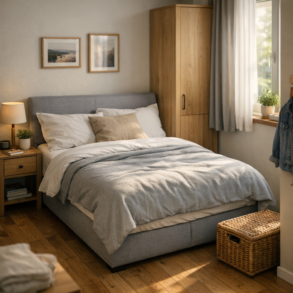 Cama viúva 1,28: medidas e quando compensa, cama box cinza e guarda-roupa