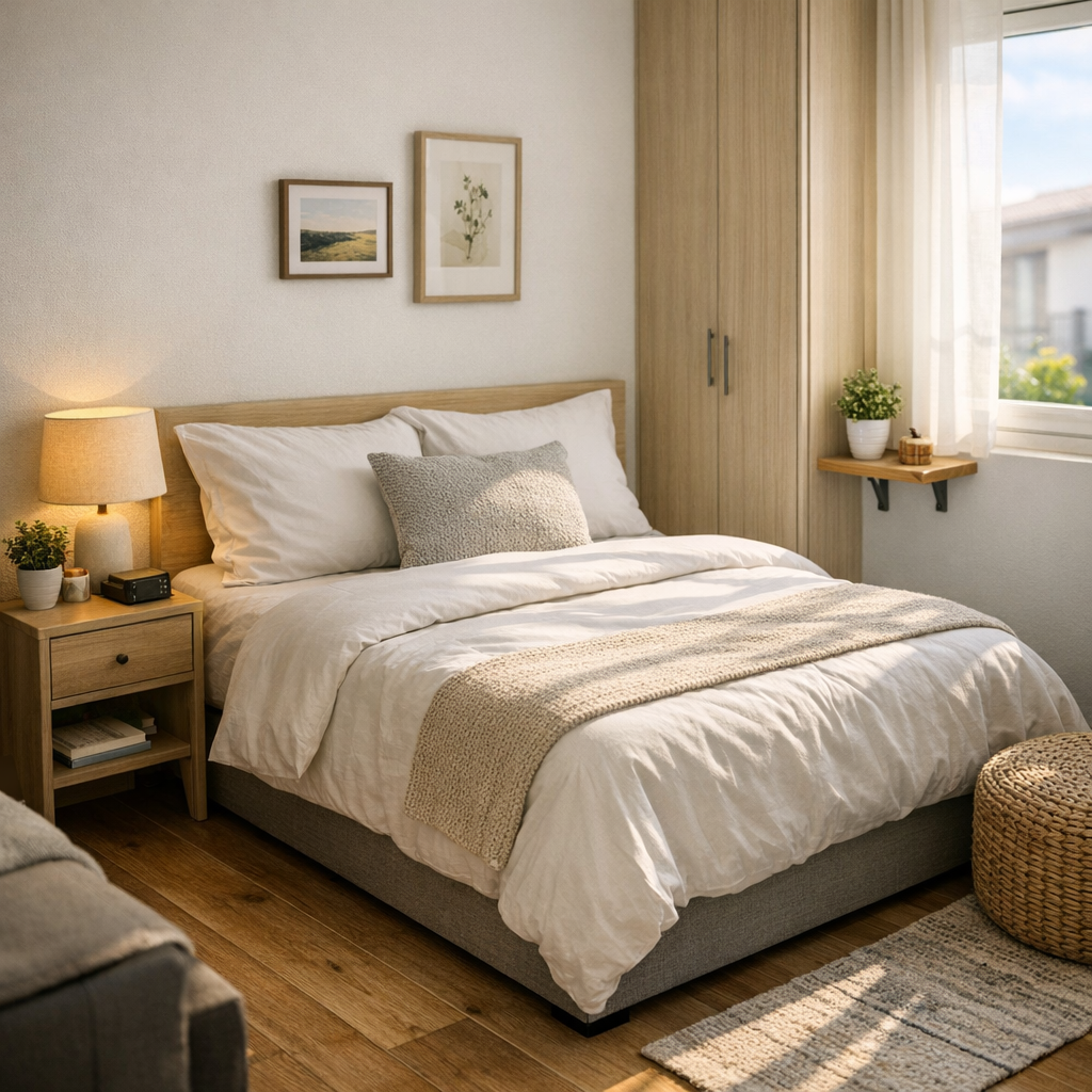 Cama viúva 1,28: medidas e quando compensa, cama box com roupa branca, criado-mudo e guarda-roupa